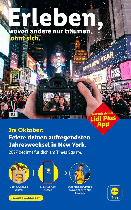 Lidl Ausztria Erleben, wovon andere nur träumen, Dein Silvestertraum in New York – szept. 20. – okt. 31.