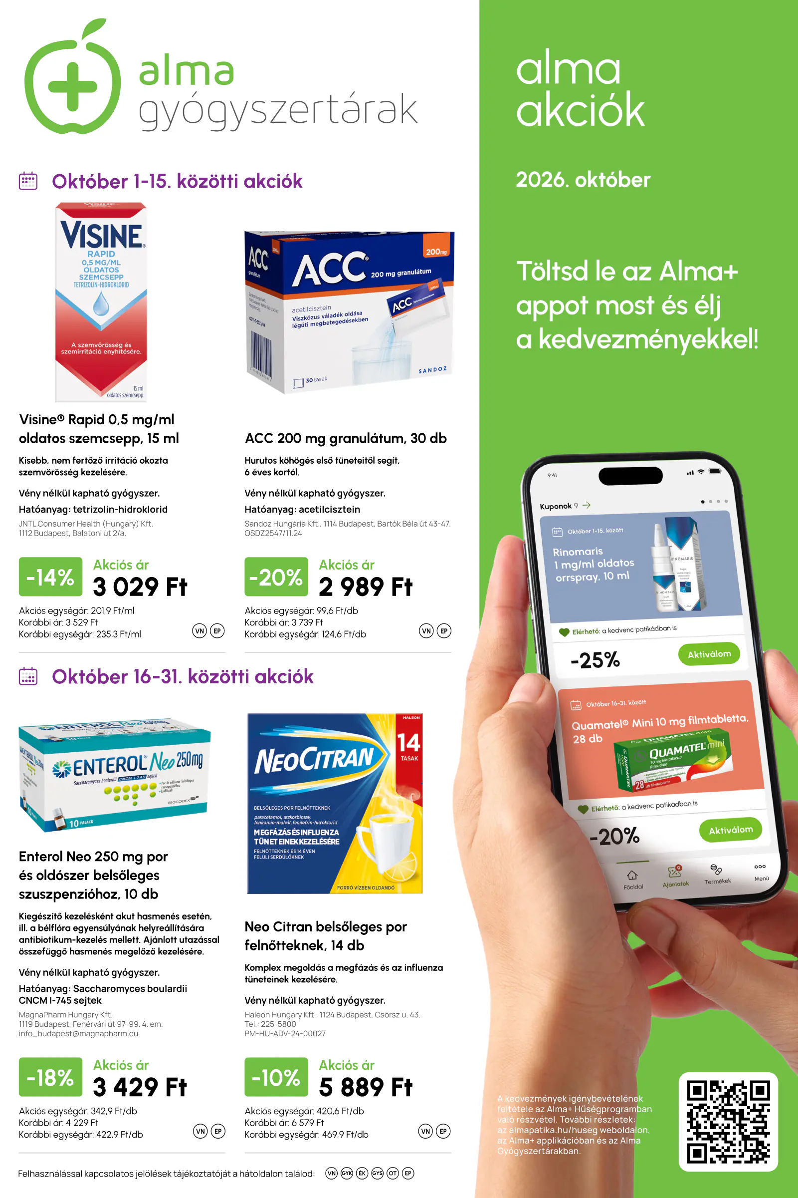 Alma Gyógyszertárak akciós újság, 1. oldal (okt. 1–31.)