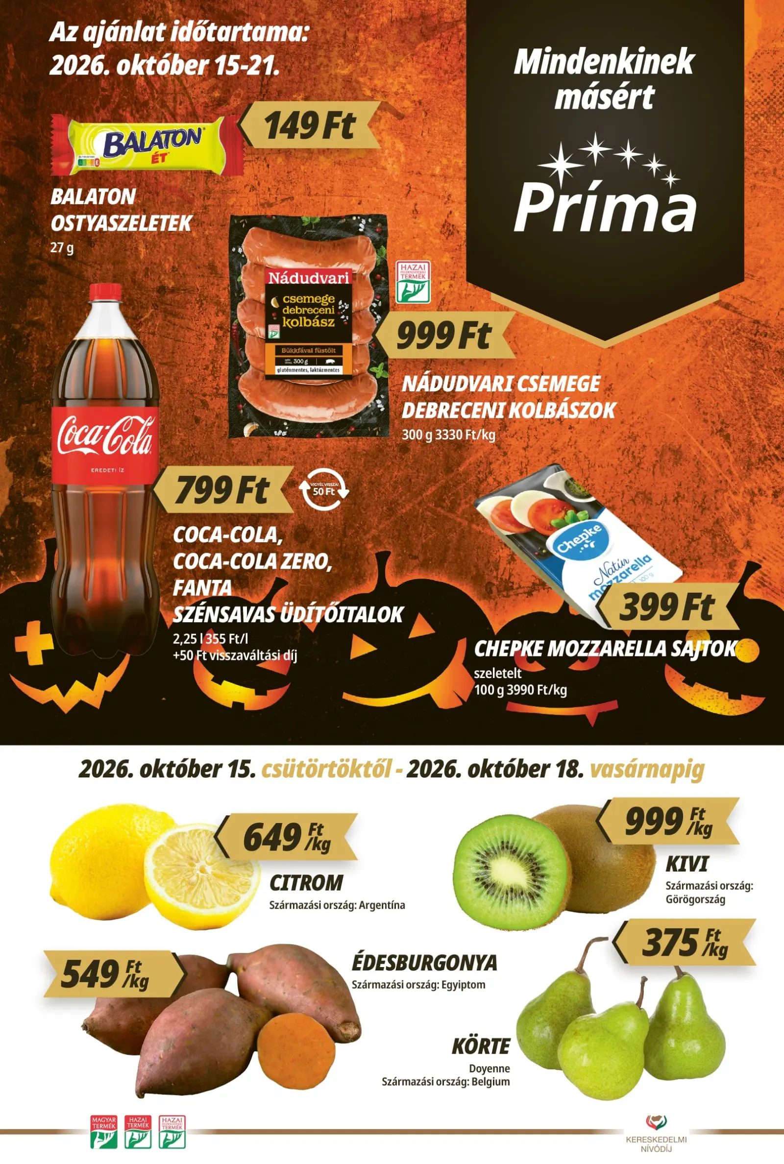 CBA Príma akciós újság, 1. oldal (okt. 15–21.)